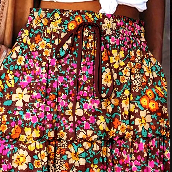 Bohemian Long Skirt Pink Yellow Floral Fall Loose Pleated Maxi Pocket Skirts - Picture 4 of 7